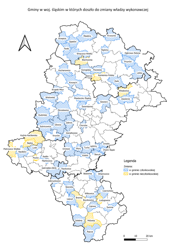 Mapa woj. śląskiego przedstawiające zmianę/brak zmiany na stanowisku władzy wykonawczej w gminach i miastach